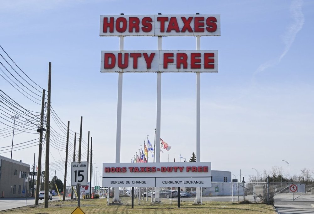 A sign for Duty Free at the Canada/US border crossing in Saint-Bernard-de-Lacolle, Que., Thursday, April 10, 2025. THE CANADIAN PRESS/Graham Hughes