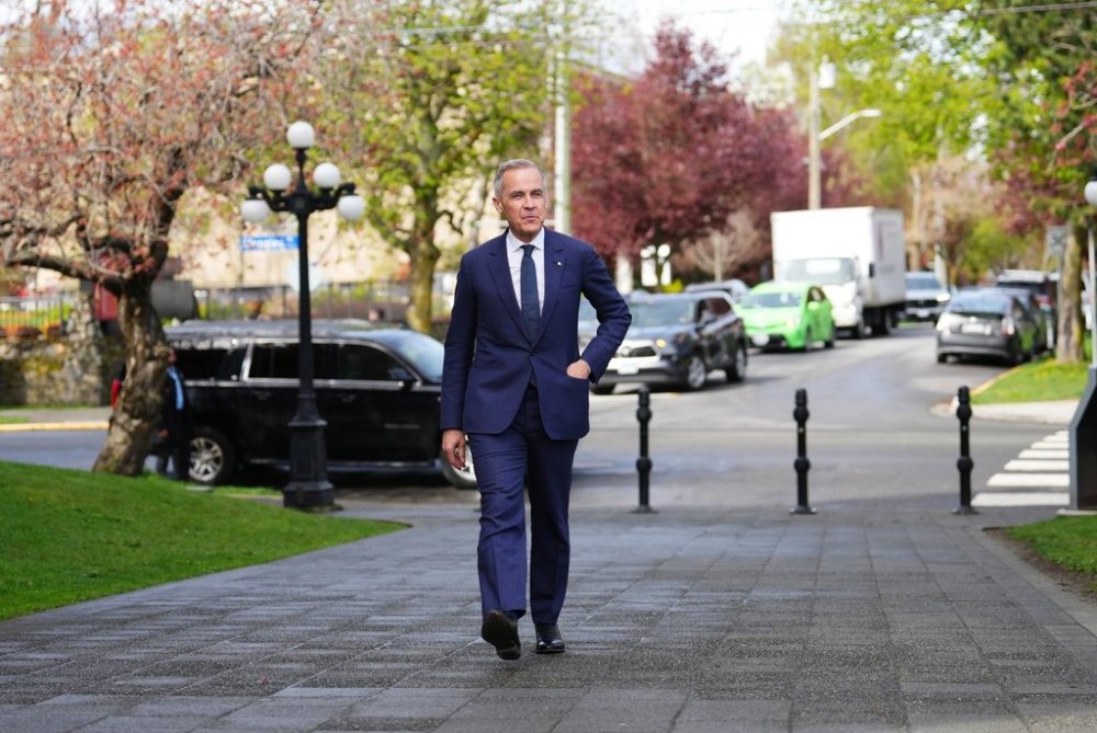 Prime Minister Mark Carney arrives at the Legislative Assembly of British Columbia in Victoria, Monday, April 7, 2025. THE CANADIAN PRESS/Sean Kilpatrick