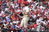 St. Louis Cardinals pitcher Miles Mikolas reacts to a call during the first inning of a baseball game against the Philadelphia Phillies, Saturday, April 12, 2025, in St. Louis. (AP Photo/Jeff Le)