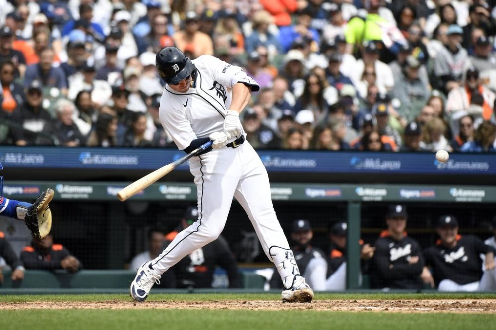 Detroit Tigers' Spencer Torkelson hits a three-run home run off Kansas City Royals starting pitcher Seth Lugo during the fifth inning of a baseball game, Saturday, April 19, 2025, in Detroit. (AP Photo/Jose Juarez)