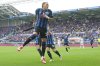 Atalanta's Mateo Retegui celebrates after scoring their side's first goal of the game during the Serie A soccer match between Atalanta and Bologna at Gewiss Stadium in Bergamo, Italy, Sunday, April 13, 2025. (Spada/LaPresse via AP)