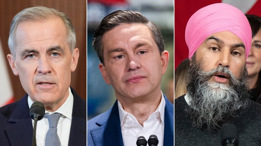This composite image shows, left to right, Liberal Leader Mark Carney in Ottawa on March 27, 2025; Conservative Leader Pierre Poilievre in Toronto on March 30, 2025 and NDP Leader Jagmeet Singh in Edmonton on April 1, 2025. THE CANADIAN PRESS/Adrian Wyld, Laura Proctor, Christinne Muschi