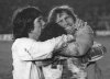 FILE - Argentina's Boca Juniors' players Hugo Gatti, right, Ernesto Mastrangelo, center, and Daniel Pavon celebrate after a penalty shootout in the Copa Libertadores final soccer match in Montevideo, Uruguay, Sept. 14, 1977. (AP Photo/Eduardo Di Baia, File)