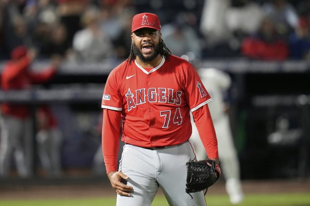 Los Angeles Angels pitcher Kenley Jansen (74) reacts after closing out the Tampa Bay Rays during the ninth inning of a baseball game Tuesday, April 8, 2025, in Tampa, Fla. (AP Photo/Chris O'Meara)