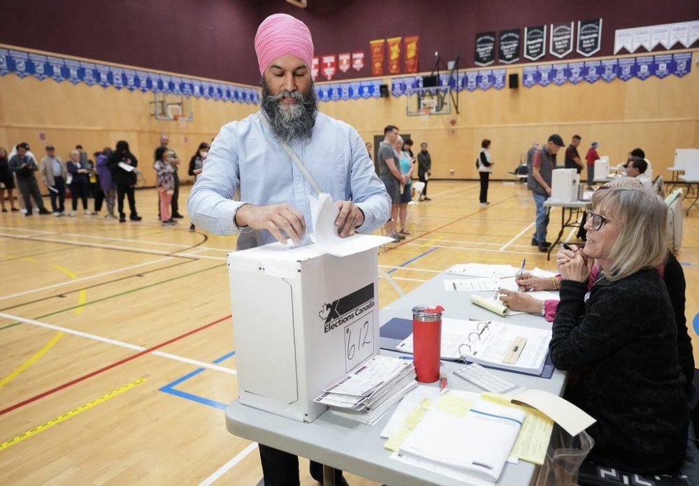 NDP Leader Jagmeet Singh votes in his riding at the advance polls during the federal election campaign in Burnaby, B.C., Friday, April 18, 2025. THE CANADIAN PRESS/Nathan Denette