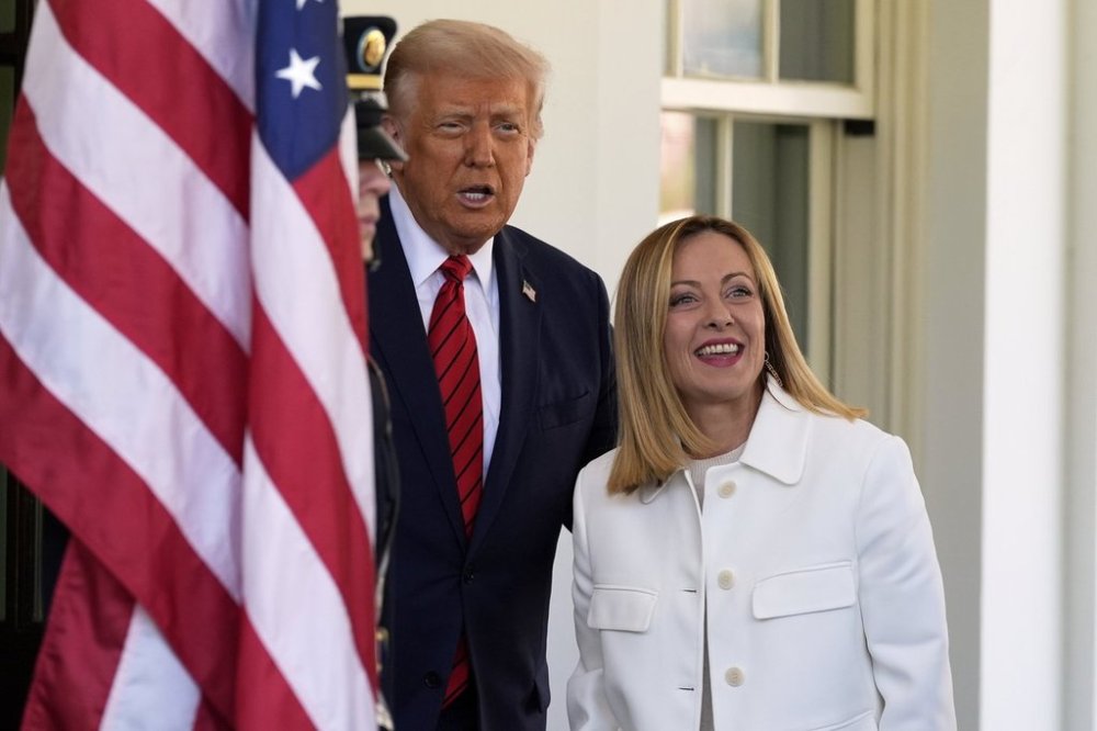 President Donald Trump greets Italy's Prime Minister Giorgia Meloni at the White House, Thursday, April 17, 2025, in Washington. (AP Photo/Alex Brandon)