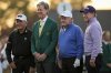 From left: Honorary Starter Gary Player, Augusta National Chairman Fred Ridley, Honorary Starter Jack Nicklaus, and Honorary Starter Tom Watson pose on the first hole during the first round at the Masters golf tournament, Thursday, April 10, 2025, in Augusta, Ga. (AP Photo/David J. Phillip)