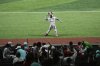 FILE- Rocco, the Diablos Rojo mascot, greets fans during a Mexican league baseball game against the Tigres of Quintana Roo, at the Alfredo Harp Helu Stadium in Mexico City, Tuesday, April 16, 2024. (AP Photo/Fernando Llano, file)