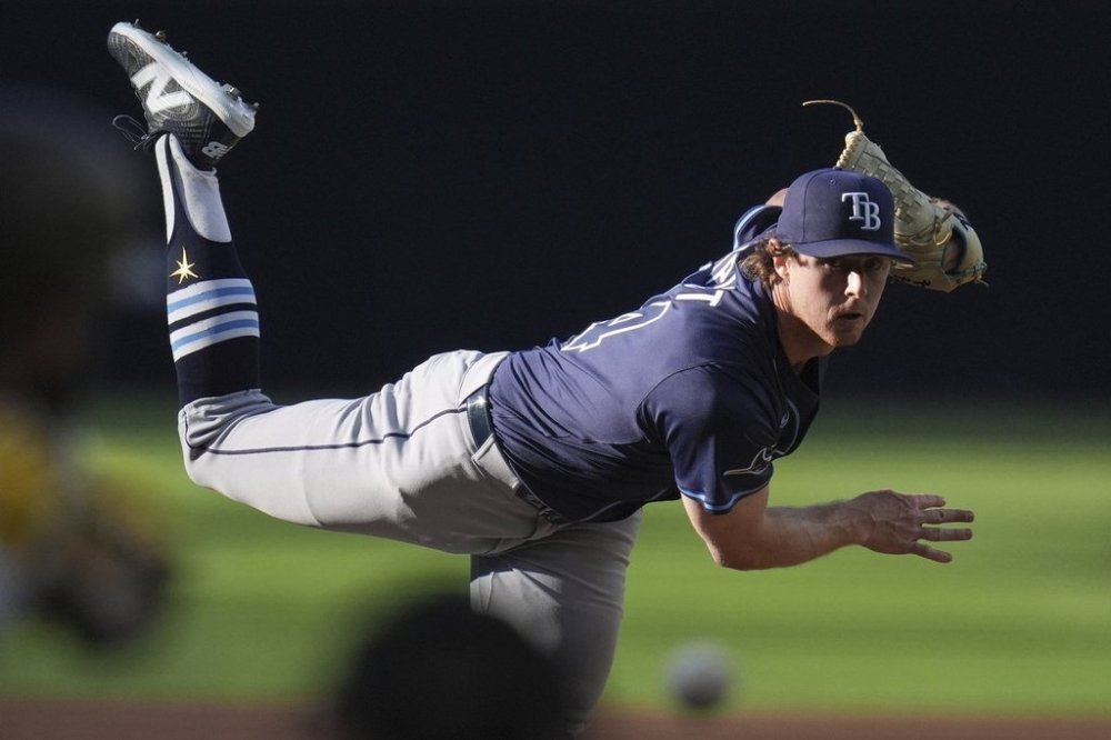 Tampa Bay Rays starting pitcher Ryan Pepiot works against a San Diego Padres batter during the first inning of a baseball game Saturday, April 26, 2025, in San Diego. (AP Photo/Gregory Bull)