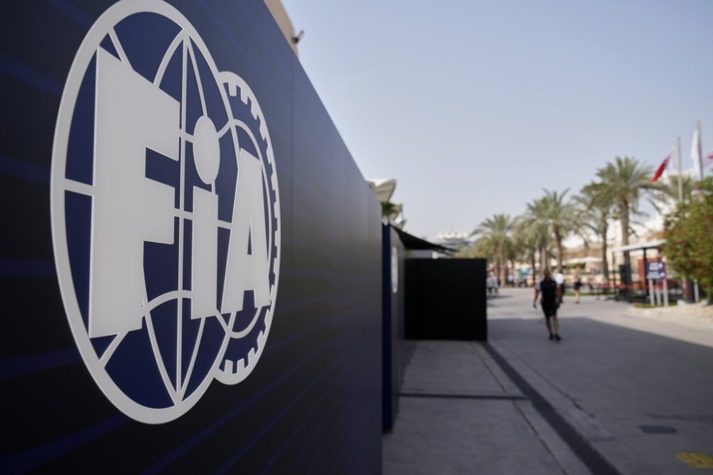 The FIA logo is displayed in the paddock ahead of the Formula One Bahrain Grand Prix at the Bahrain International Circuit in Sakhir, Thursday, April 10, 2025. (AP Photo/Darko Bandic)