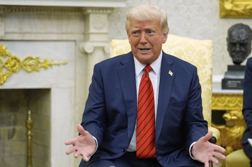 President Donald Trump speaks as he meets with Italy's Prime Minister Giorgia Meloni in the Oval Office of the White House in Washington on Thursday, April 17, 2025. THE CANADIAN PRESS/AP-Alex Brandon