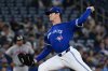 Blue Jays starting pitcher Easton Lucas (62) throws to an Atlanta Braves batter in first-inning interleague baseball action in Toronto on Monday, April 14, 2025. THE CANADIAN PRESS/Jon Blacker