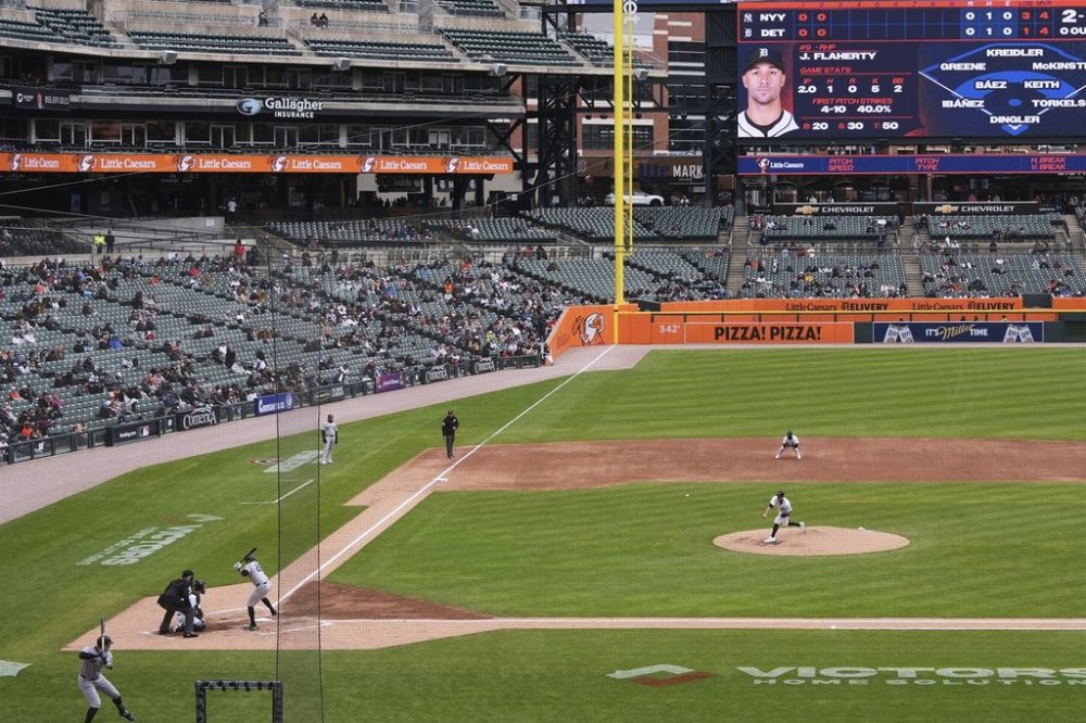 Detroit Tigers pitcher Jack Flaherty throws to New York Yankees' Ben Rice in the third inning during a baseball game at Comerica Park , Wednesday, April 9, 2025, in Detroit. (AP Photo/Paul Sancya)