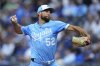 Kansas City Royals starting pitcher Michael Wacha throws during the first inning of a baseball game against the Houston Astros, Saturday, April 26, 2025, in Kansas City, Mo. (AP Photo/Charlie Riedel)