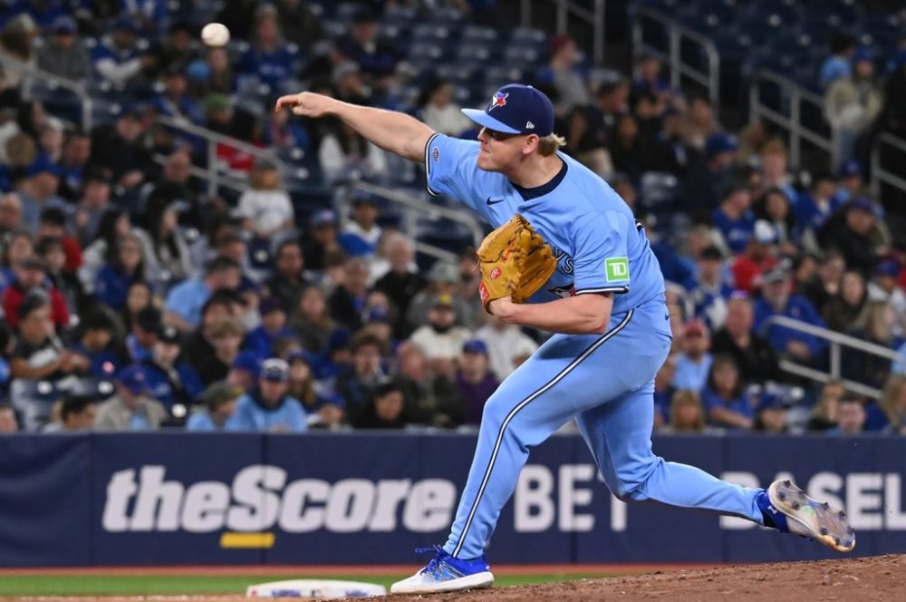 Toronto Blue Jays relief pitcher Paxton Schultz throws to a Seattle Mariners batter in his major league debut during third inning American League baseball action in Toronto on Sunday, April 20, 2025. THE CANADIAN PRESS/Jon Blacker