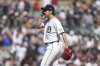 Detroit Tigers pitcher Kenta Maeda reacts after the final out against the Baltimore Orioles in the ninth inning during a baseball game, Sunday, April 27, 2025, in Detroit. (AP Photo/Paul Sancya)