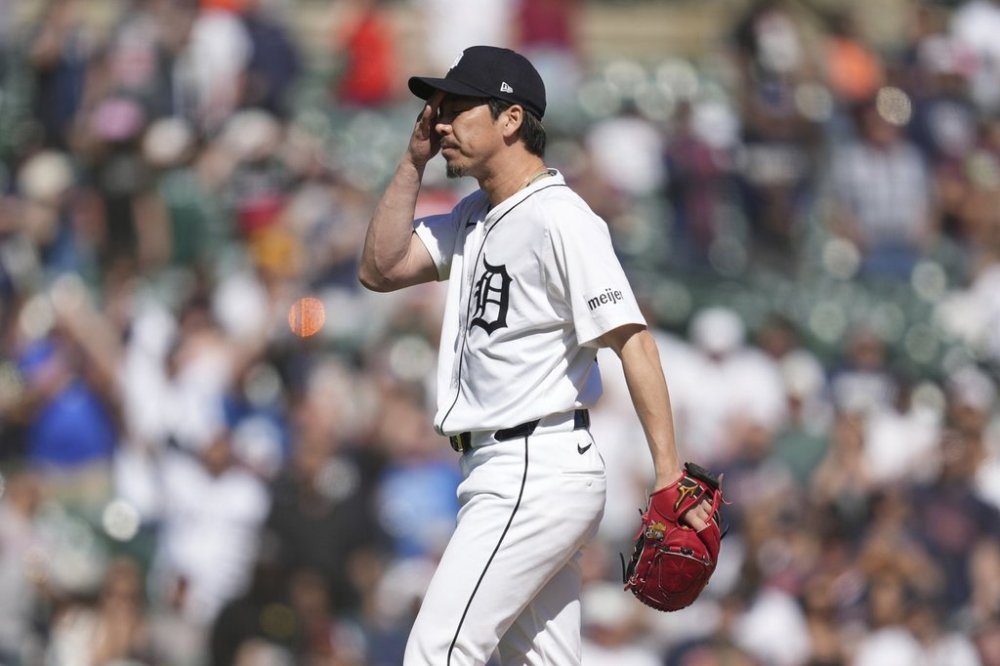 Detroit Tigers pitcher Kenta Maeda reacts after the final out against the Baltimore Orioles in the ninth inning during a baseball game, Sunday, April 27, 2025, in Detroit. (AP Photo/Paul Sancya)