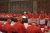 FILE - Italian Cardinal Giacomo Biffi, center, takes an oath at the beginning of the conclave to elect the next pope in the Sistine Chapel at the Vatican, Monday, April 18, 2005. (AP Photo/Osservatore Romano via AP, File)