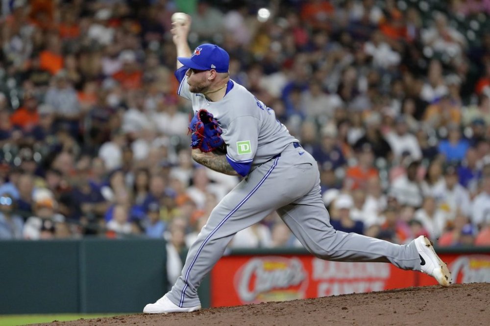 Toronto Blue Jays relief pitcher Yariel Rodriguez throws against the Houston Astros during a baseball game Tuesday, April 22, 2025, in Houston. (AP Photo/Michael Wyke)