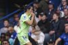 Barcelona's Aitana Bonmati celebrates after scoring the opening goal during the women's Champions League semifinals, second leg, soccer match between Chelsea FC and FC Barcelona at Stamford Bridge in London, Sunday, April 27, 2025. (AP Photo/Dave Shopland)