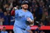 Toronto Blue Jays' Alejandro Kirk (30) runs to first base after hitting a walk-off RBI single in the tenth inning of American League baseball action to defeat the Boston Red Sox 7-6 in Toronto on Wednesday, April 30, 2025. THE CANADIAN PRESS/Jon Blacker