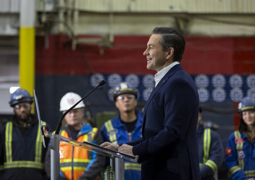Conservative Party Leader Pierre Poilievre speaks during a campaign stop at Ontario Shipyards in St. Catharines, Ont., Friday, April 11, 2025. Poilievre is slated to hold a press conference in the Ottawa suburb of Nepean, where Liberal Leader Mark Carney is campaigning to win a seat. THE CANADIAN PRESS/Tara Walton