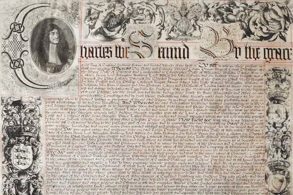 The royal charter which launched Hudson's Bay Company, issued by King Charles II in 1670, is shown in an undated handout image. (Hudson's Bay Company / The Canadian Press)