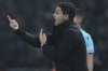 Arsenal's manager Mikel Arteta gestures during the Champions League semifinal, second leg soccer match between Paris Saint-Germain and Arsenal at the Parc des Princes in Paris, Wednesday, May 7, 2025. (AP Photo/Thibault Camus)