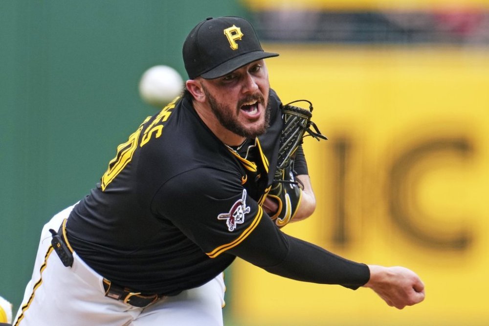 Pittsburgh Pirates pitcher Paul Skenes delivers during the first inning of a baseball game against the Cleveland Guardians in Pittsburgh, Saturday, April 19, 2025. (AP Photo/Gene J. Puskar)