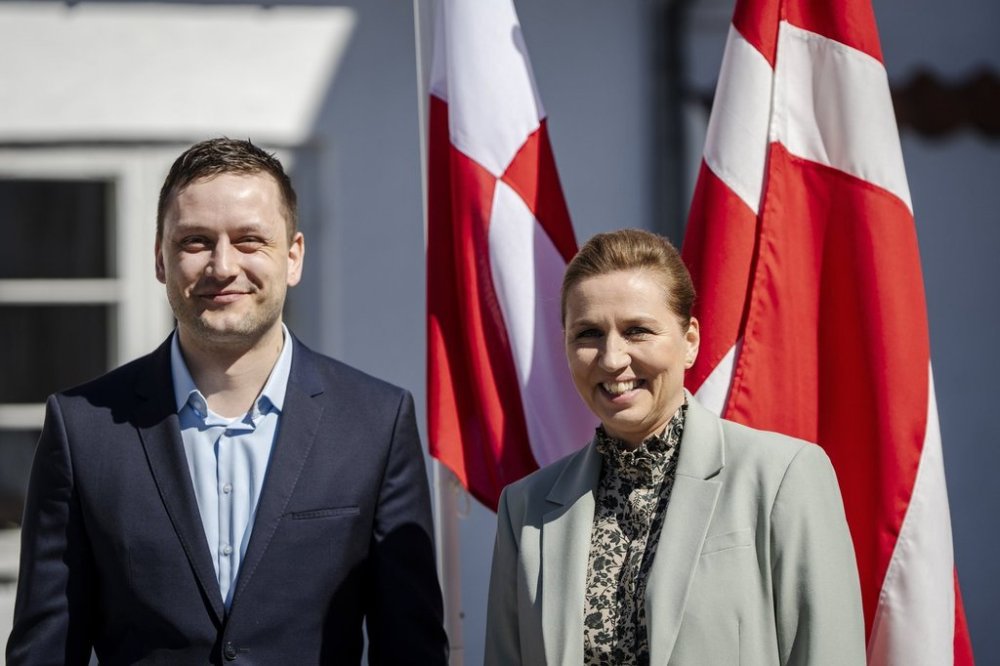 Denmark's Prime Minister Mette Frederiksen, right, and Greenland's Prime Minister Jens-Frederik Nielsen smile during their meeting at Marienborg in Kongens Lyngby, Denmark, Sunday, April 27, 2025. (Mads Claus Rasmussen/Ritzau Scanpix via AP)