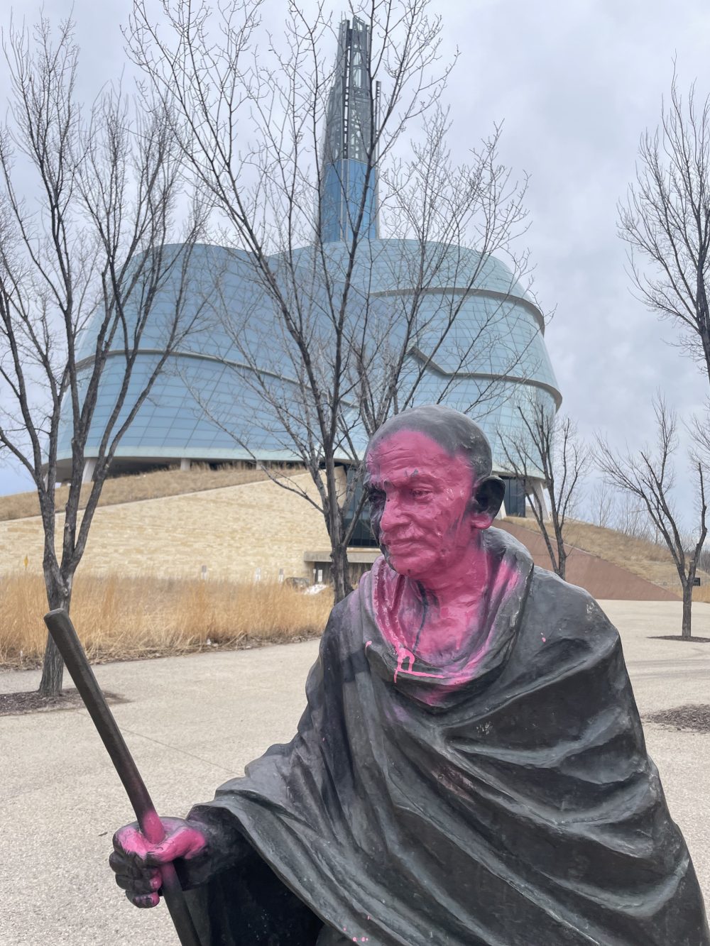 The statue of Mahatma Gandhi outside the Canadian Museum for Human Rights was vandalized over the weekend. (Earl Martin photo)