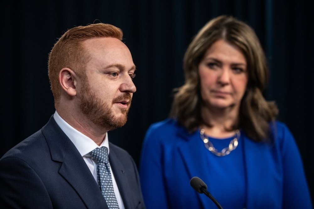 Alberta Premier Danielle Smith and Minister of Justice Mickey Amery announce proposed changes to several pieces of democratic process legislation, in Edmonton on Tuesday April 29, 2025. THE CANADIAN PRESS/Jason Franson