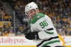 Dallas Stars right wing Mikko Rantanen (96) chases the puck during the first period of an NHL hockey game against the Nashville Predators, Wednesday, April 16, 2025, in Nashville, Tenn. (AP Photo/George Walker IV)