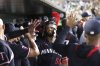 Minnesota Twins' Willi Castro (50) celebrates with teammates after hitting his second solo home run of the night against the Athletics during the sixth inning of a baseball game Tuesday, June 3, 2025, in West Sacramento, Calif. (AP Photo/Scott Marshall)