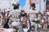 Arizona Diamondbacks catcher Jose Herrera, left, celebrates with pitcher Shelby Miller after the final out of a baseball game against the San Francisco Giants in San Francisco, Wednesday, May 14, 2025. (AP Photo/Jeff Chiu)