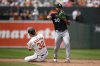 Baltimore Orioles' Ryan O'Hearn (32) is out at second base as Chicago White Sox second baseman Lenyn Sosa (50) throws to first base but cannot get out Orioles' Coby Mayo during the sixth inning of a baseball game, Sunday, June 1, 2025, in Baltimore. (AP Photo/Nick Wass)