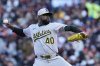 Athletics' Luis Severino pitches to a San Francisco Giants batter during the first inning of a baseball game Saturday, May 17, 2025, in San Francisco. (AP Photo/Godofredo A. Vásquez)