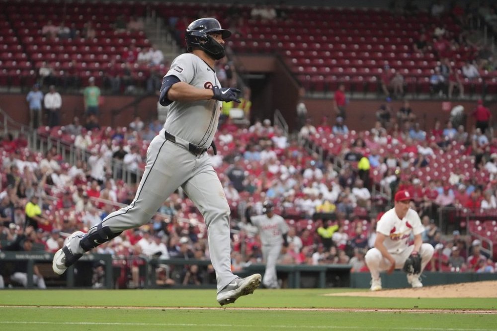 Detroit Tigers' Riley Greene, left, rounds the bases after hitting a two-run home run off St. Louis Cardinals starting pitcher Erick Fedde during the third inning of a baseball game Tuesday, May 20, 2025, in St. Louis. (AP Photo/Jeff Roberson)
