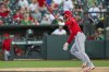 Los Angeles Angels' Taylor Ward watches his home run during the third inning of a baseball game against the Athletics in West Sacramento, Calif., Monday, May 19, 2025. (AP Photo/Nic Coury)