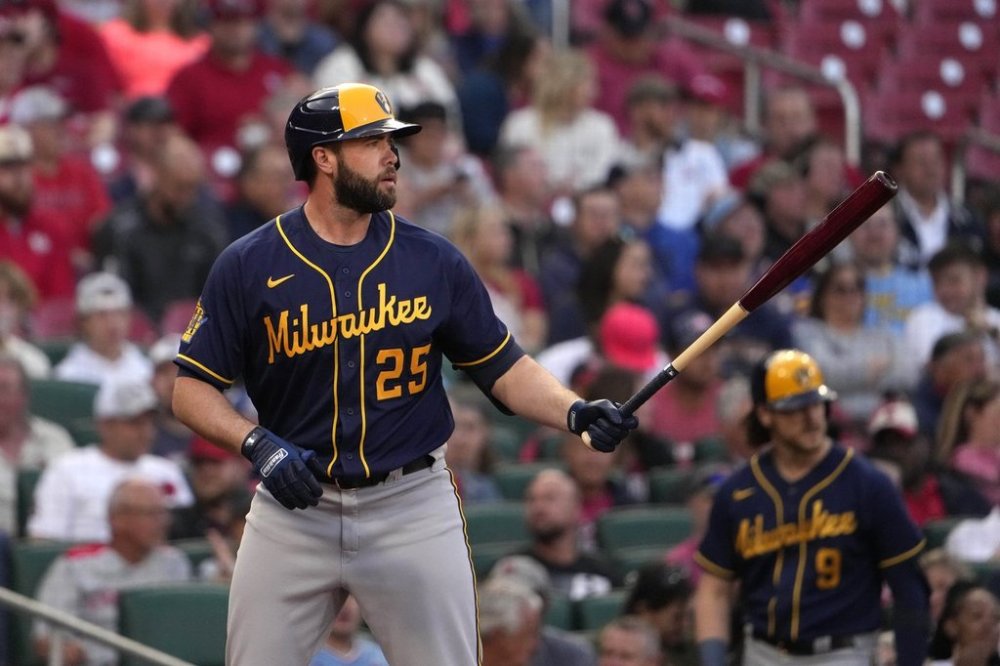 FILE - Milwaukee Brewers designated hitter Darin Ruf bats during the first inning of a baseball game against the St. Louis Cardinals, May 16, 2023, in St. Louis. (AP Photo/Jeff Roberson, File)