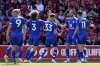 Leicester City's Conor Coady, second right, celebrates with his teammates after scoring during the Premier League soccer match against Nottingham Forest at City Ground, Nottingham, Sunday May 11, 2025. (Jacob King/PA via AP)