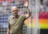 Vancouver Whitecaps head coach Jesper Sorensen acknowledges the crowd as he walks onto the field before an MLS soccer match against Minnesota United, in Vancouver, on Wednesday, May 28, 2025. THE CANADIAN PRESS/Darryl Dyck