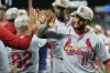 St. Louis Cardinals' Victor Scott II (11) celebrates with teammates after their baseball game against the Kansas City Royals, Friday, May 16, 2025, in Kansas City, Mo. (AP Photo/Charlie Riedel)