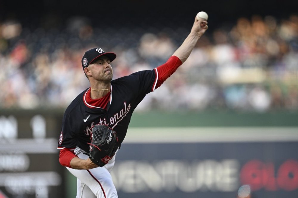 Washington Nationals pitcher MacKenzie Gore throws during the third inning of a baseball game against the Chicago Cubs in Washington, Wednesday, June 4, 2025. (AP Photo/Terrance Williams)