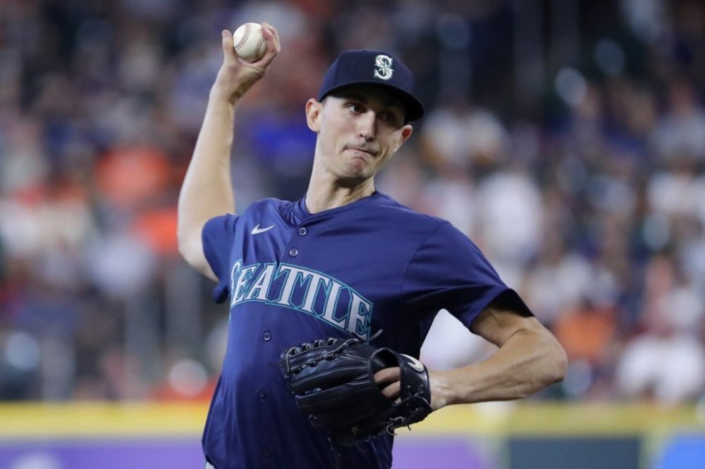 FILE - Seattle Mariners starting pitcher George Kirby throws against the Houston Astros during the first inning of a baseball game, Sept. 25, 2024, in Houston. (AP Photo/Michael Wyke, file)