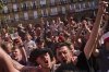 Manchester United fans cheer while gathering in downtown Bilbao, Spain, ahead of the UEFA Europa League final soccer match between Manchester United and Tottenham Hotspur, Tuesday, May 20, 2025. (AP Photo/Bernat Armangue)