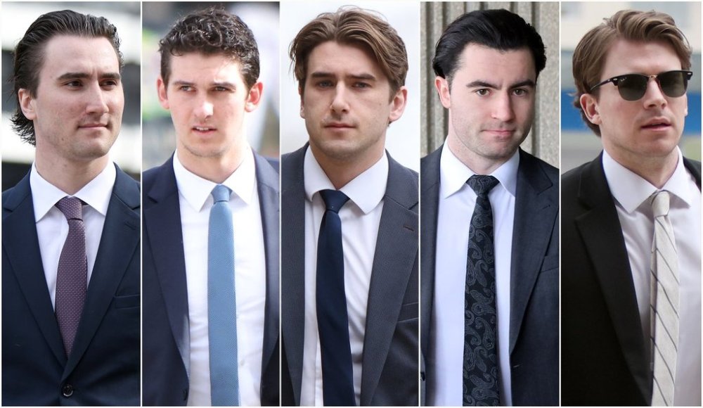 A composite image of five photographs shows former members of Canada's 2018 world juniors hockey team, left to right, Alex Formenton, Cal Foote, Michael McLeod, Dillon Dube and Carter Hart, as they individually arrived to court in London, Ont., Wednesday, April 30, 2025. THE CANADIAN PRESS/Nicole Osborne