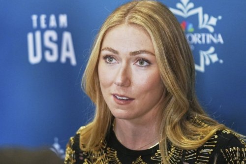 Mikaela Shiffrin, U.S. World Cup alpine skier, is interviewed at a NBCUniversal and U.S. Olympic & Paralympic Committee press preview event to promote the upcoming Milano Cortina 2026 Olympic and Paralympic Winter Games, Wednesday, May 21, 2025, in Los Angeles. (AP Photo/Damian Dovarganes)