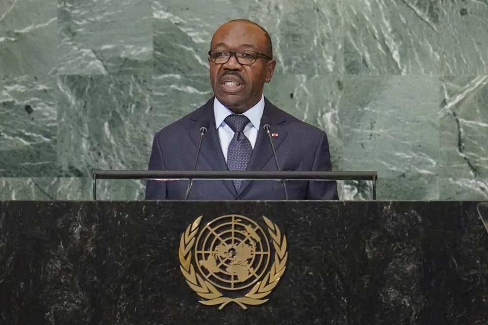 FILE - President of Gabon Ali Bongo Ondimba addresses the 77th session of the United Nations General Assembly, on Sept. 21, 2022 at U.N. headquarters. (AP Photo/Mary Altaffer, File)