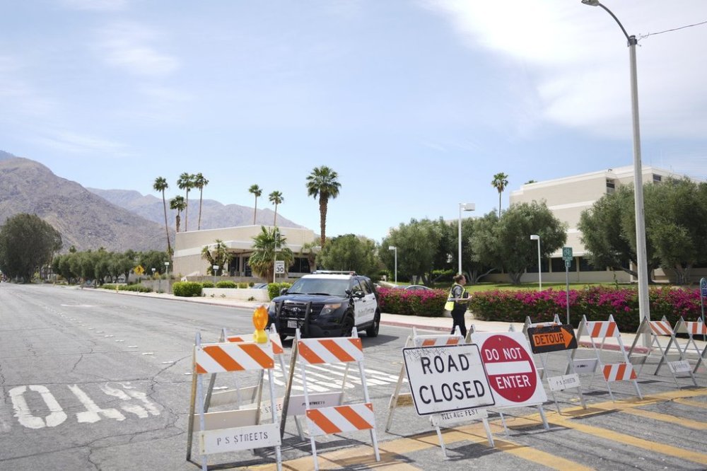 A road is closed near the site of an explosion Saturday, May 17, 2025, in Palm Springs, Calif. (AP Photo/Eric Thayer)